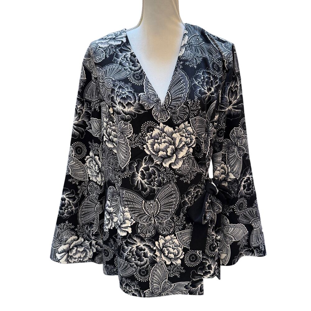 Linea Louis Dell'Olio Black White Floral Butterfly Wrap Tie Top Blouse L GUC